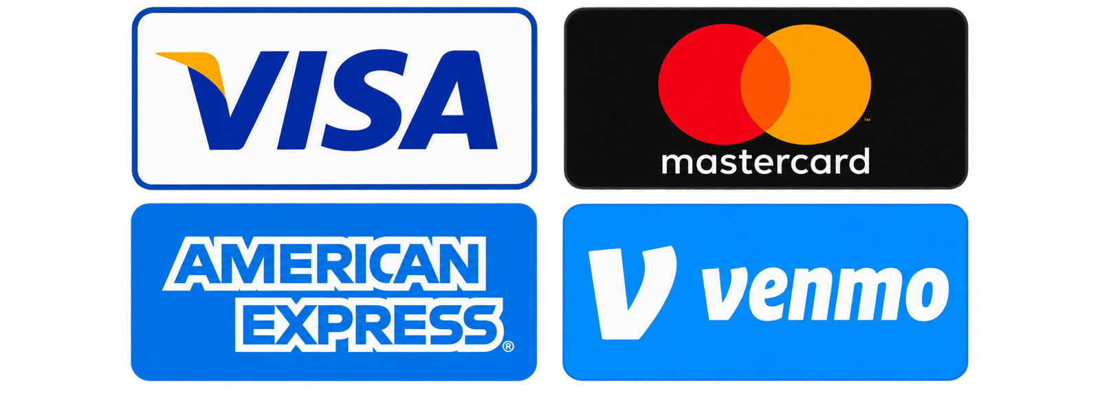 Visa, Mastercard, American Express and Venmo accepted